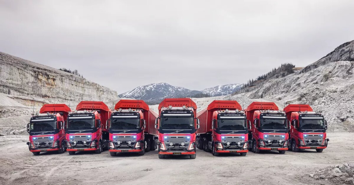 Autonomous Volvo truck hauling limestone