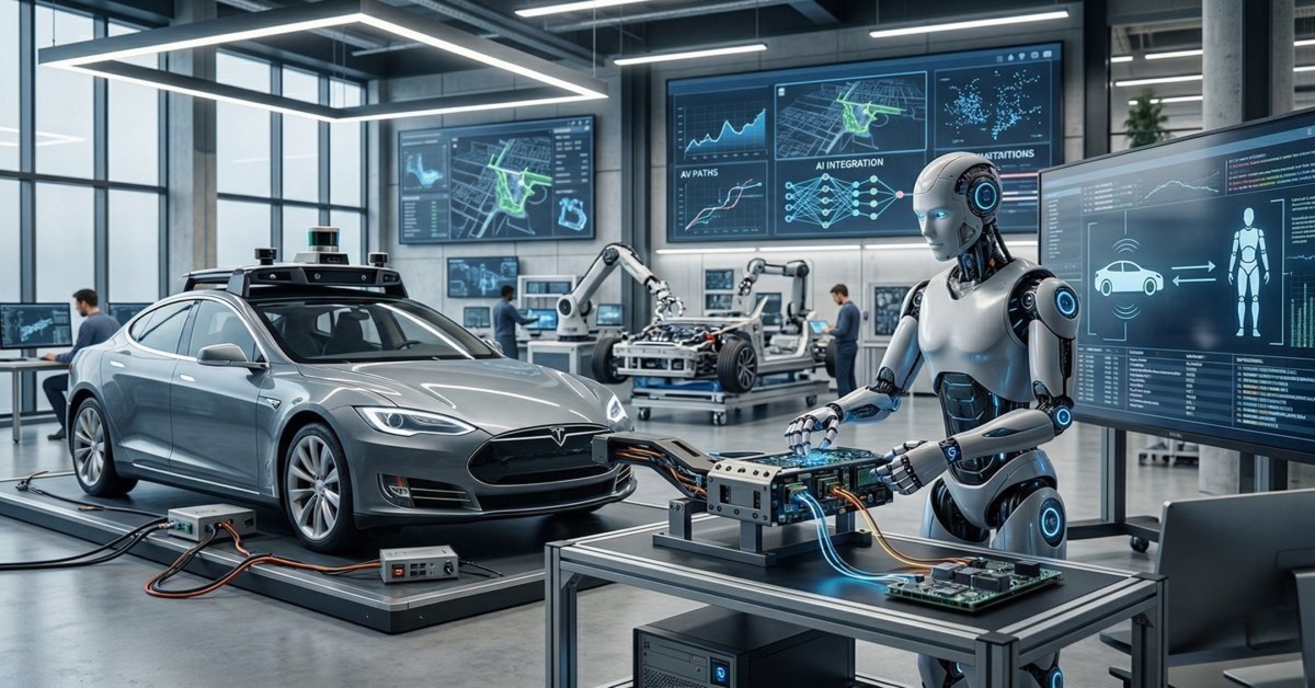 Robot working on hardware next to autonomous car.