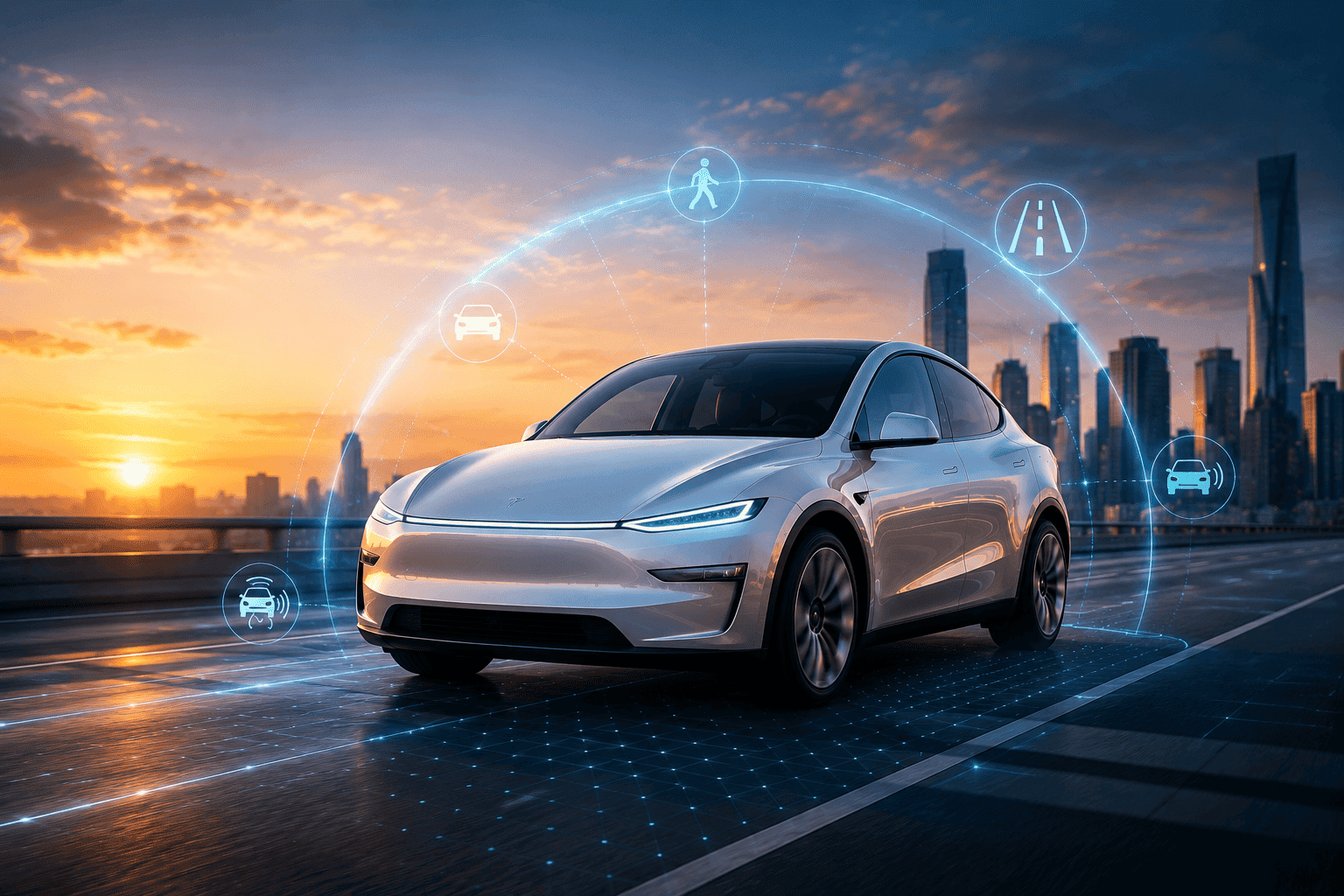 Futuristic Tesla Model Y driving on a smart highway with advanced ADAS safety technology visuals.