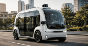 A futuristic autonomous robotaxi driving on a modern city street without visible driver controls.