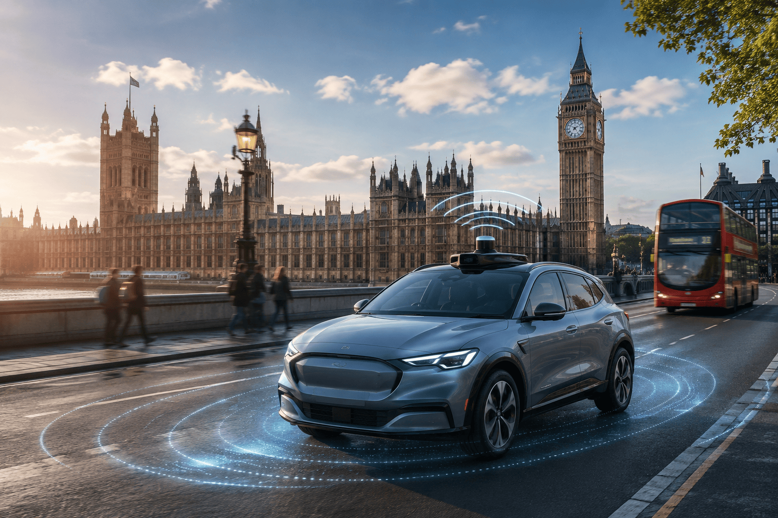 Autonomous car driving through London near Big Ben