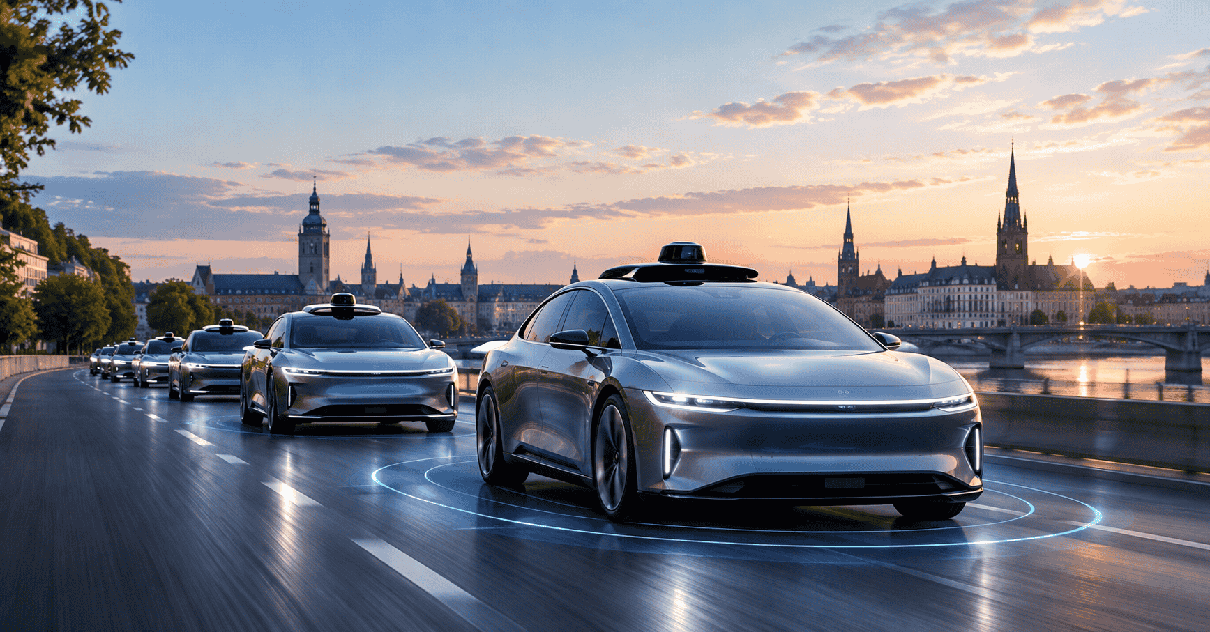 Autonomous electric robotaxis driving through a European city at sunset.