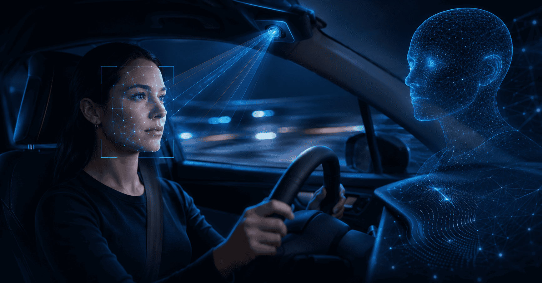 Driver monitoring system analyzing a driver inside a car.